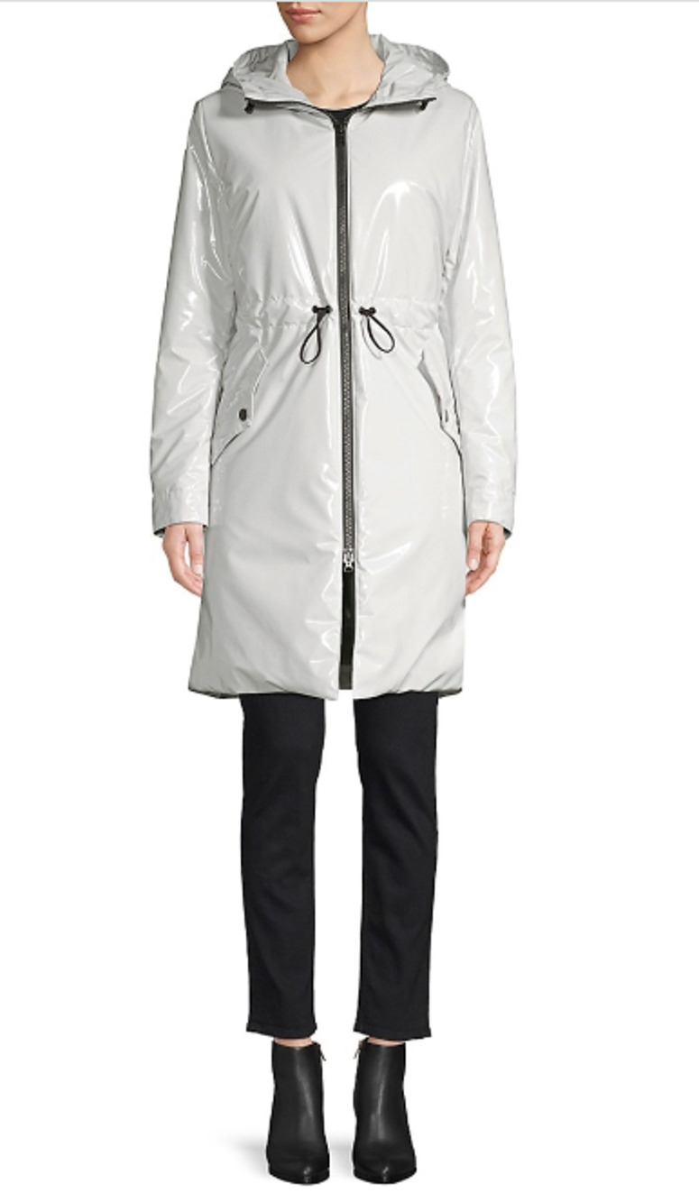 NWT JANE POST LIGHT GREY PADDED PATENT RAIN SLICKER PARKA COAT RAINCOAT JACKET S